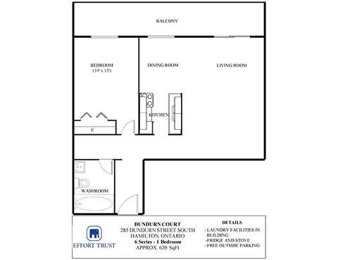 A floor plan of a building with a balcony, bedroom, dining room, living room, kitchen, washroom, and a courtyard.